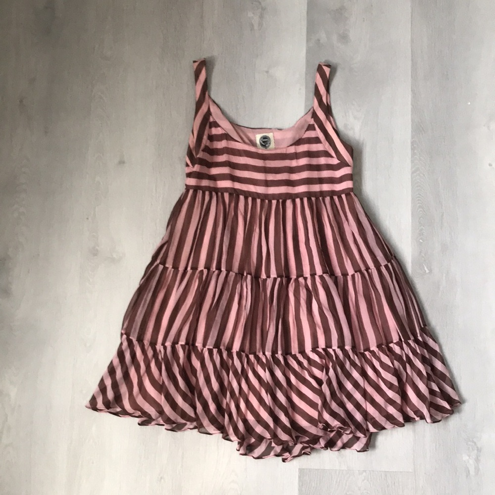 STRETSIS CHIFFON SILK DRESS PINK BROWN STRIPE WOMENS 1